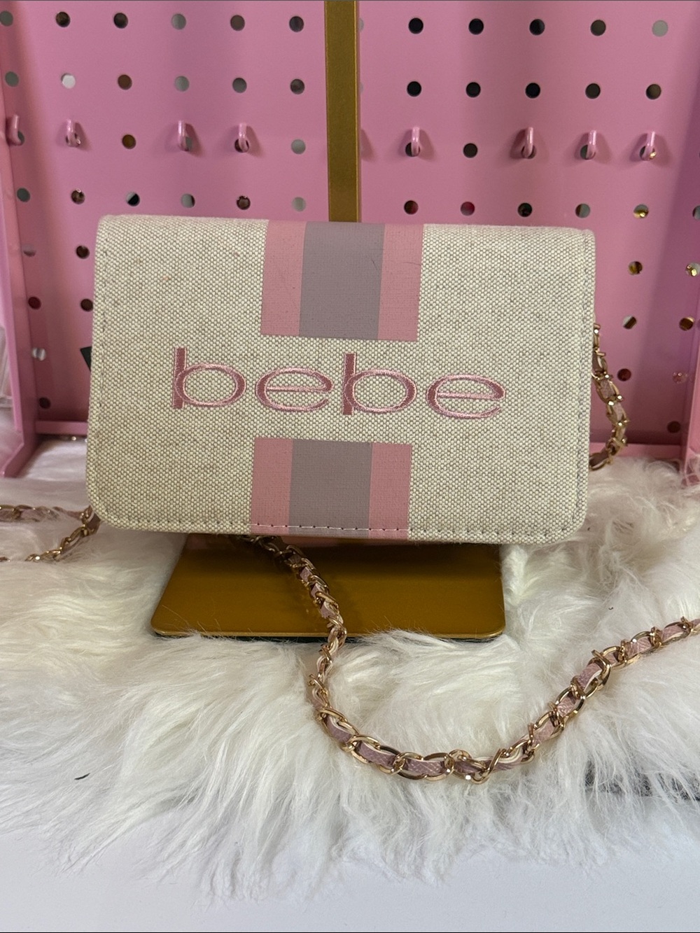 bebe Pink and Beige Canvas Crossbody with Gold Chain